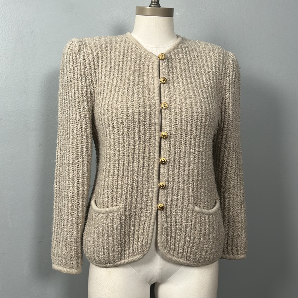Vintage Tanner Beige Knit Cardigan with Gold Buttons size M Tweed Jacket sw3